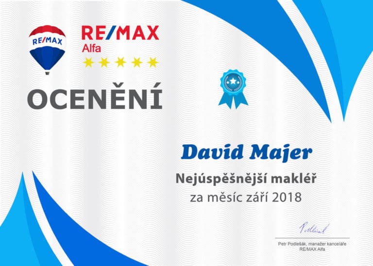 David Majer makléř měsíce RE/MAX Alfa září 2018