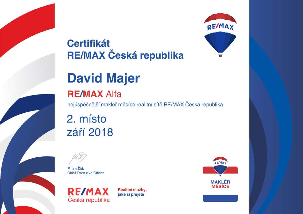 David Majer makléřem měsíce REMAX 2. místo 2018