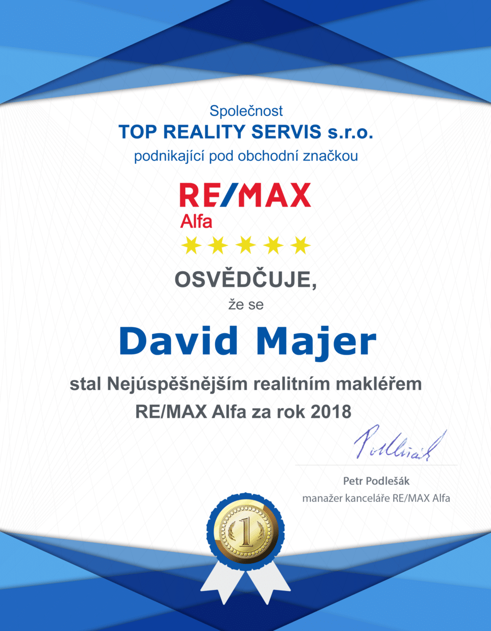 David Majer nejuspesnejsi makler REMAX Alfa 2018